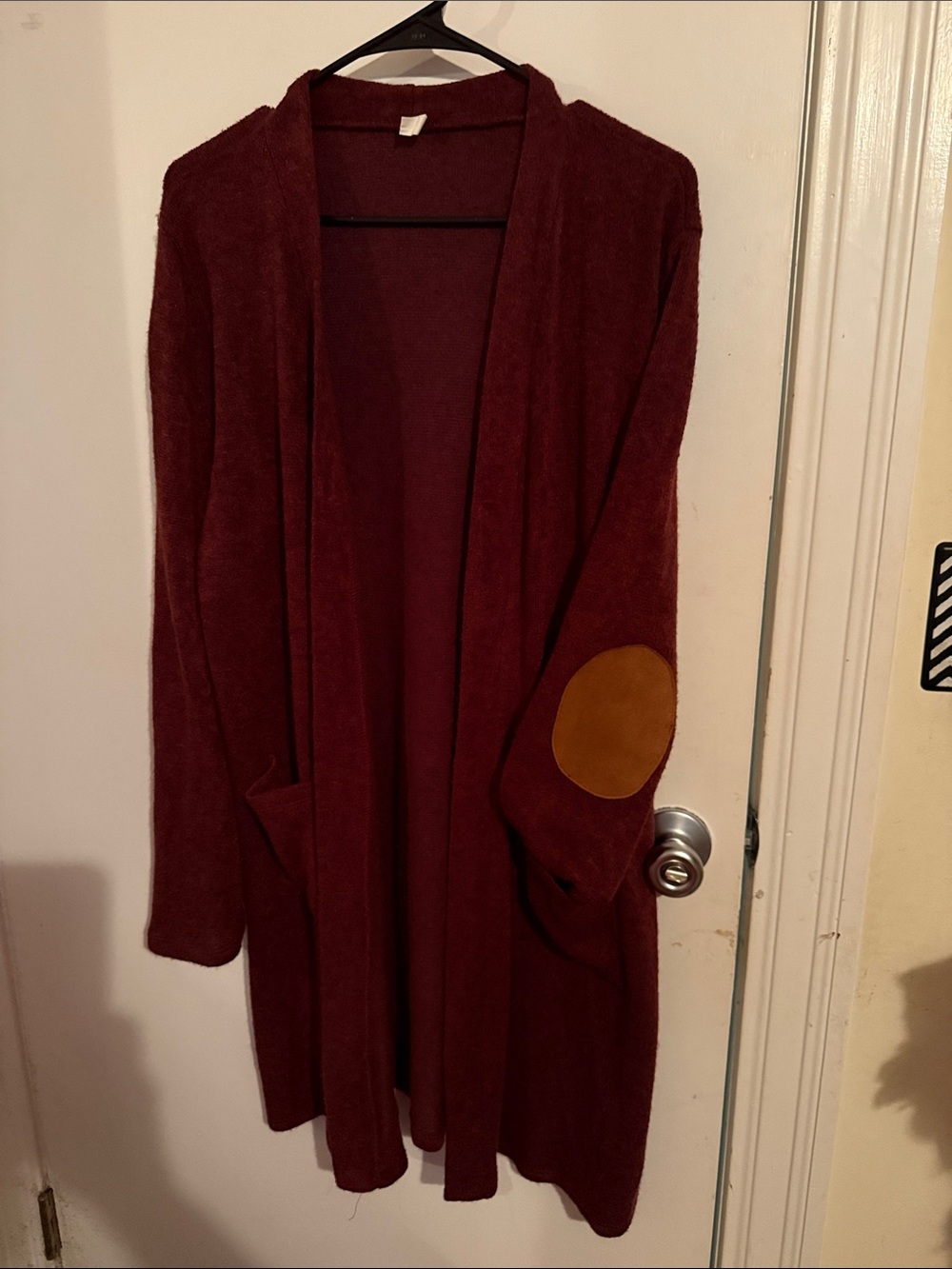 Pinkblush Burgundy Open-Front Cardigan with Tan Elbow Patch